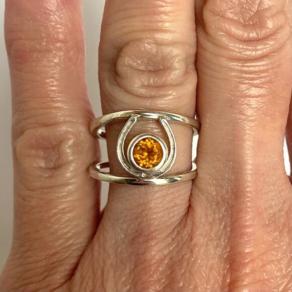 Sterling Silver 925 Round Faceted Citrine Gemstone Horseshoe Ring Sz 6.5 - Picture 1 of 16